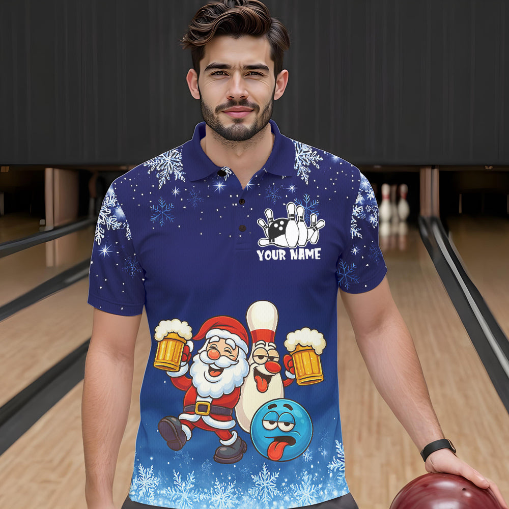 Funny Santa Drink Beer Blue snowflake Bowling Shirts For Men Custom Christmas Bowling Team Jerseys NQS11056