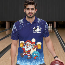 Load image into Gallery viewer, Funny Santa Drink Beer Blue snowflake Bowling Shirts For Men Custom Christmas Bowling Team Jerseys NQS11056