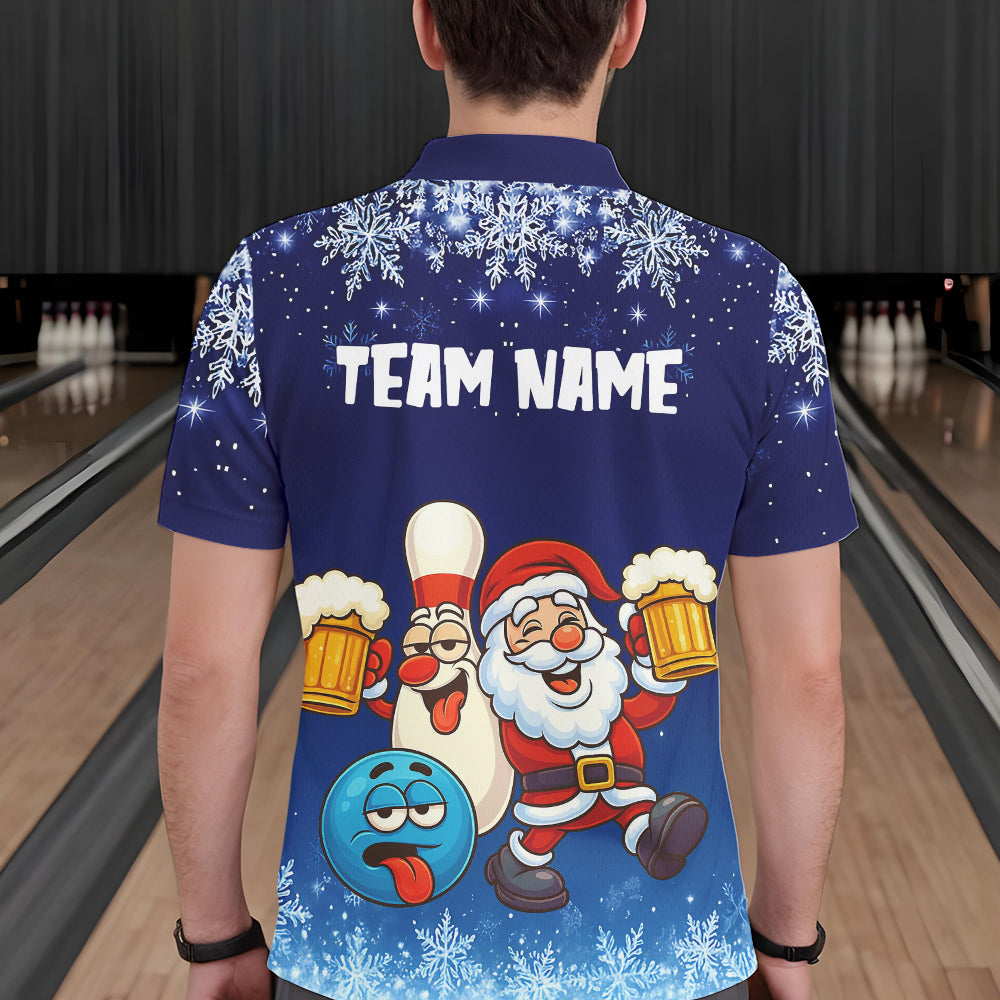 Funny Santa Drink Beer Blue snowflake Bowling Shirts For Men Custom Christmas Bowling Team Jerseys NQS11056