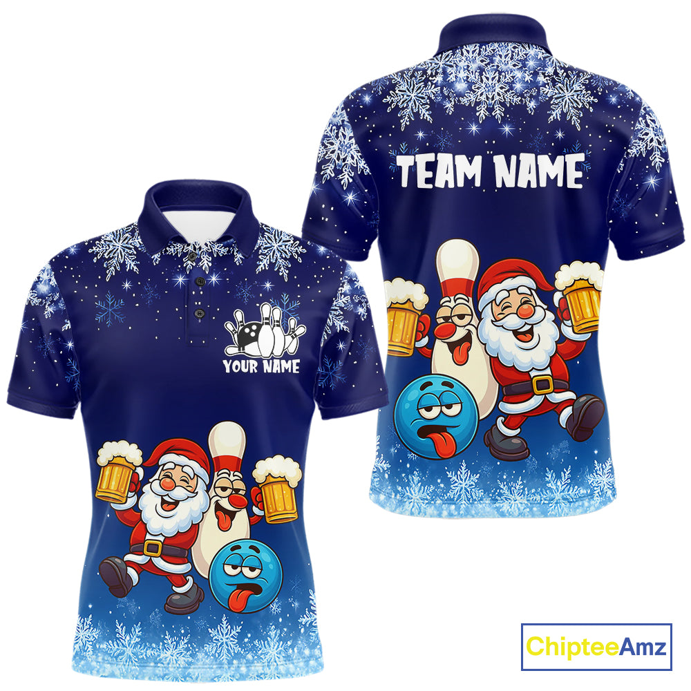Funny Santa Drink Beer Blue snowflake Bowling Shirts For Men Custom Christmas Bowling Team Jerseys NQS11056