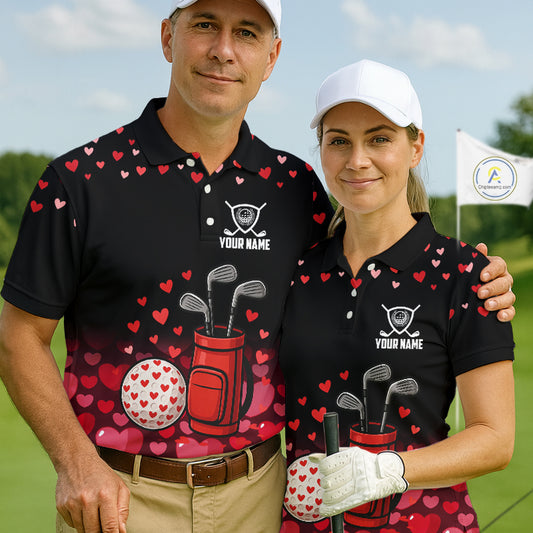 Black & Red Heart Pattern Valentine matching golf polo shirts for couples Custom couples golf outfits NQS11229