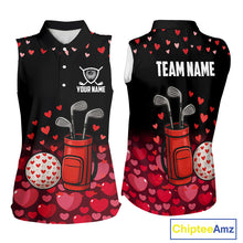 Load image into Gallery viewer, Black and Red Heart Pattern Valentine Sleeveless Golf Polo Shirt Custom Valentine Golf Gifts For her NQS11229