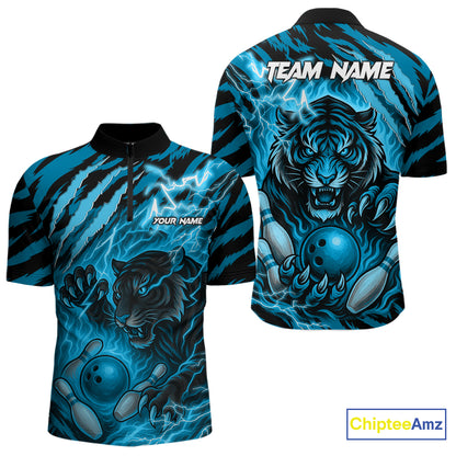 Personalized Tiger Bowling Shirts For Men, Blue Flame Lightning Thunder Tiger Team Bowling Jerseys NQS11232