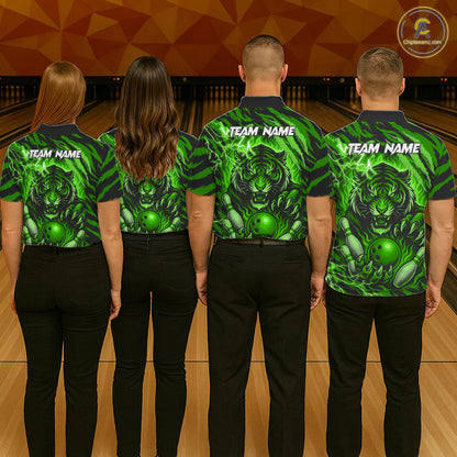 Personalized Tiger Bowling Shirts For Men, Green Flame Lightning Thunder Tiger Team Bowling Jerseys NQS11233