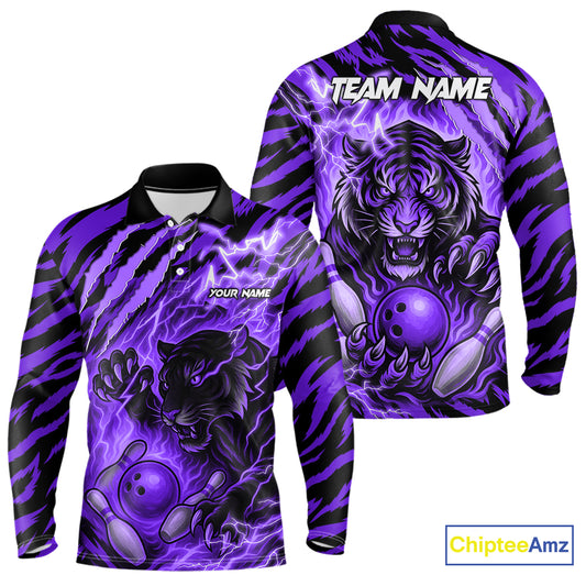 Personalized Tiger Bowling Shirts For Men, Purple Flame Lightning Thunder Tiger Team Bowling Jerseys NQS11234