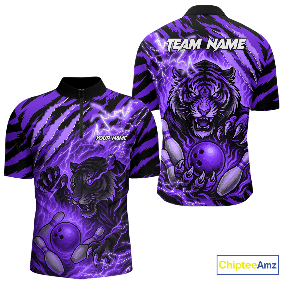 Personalized Tiger Bowling Shirts For Men, Purple Flame Lightning Thunder Tiger Team Bowling Jerseys NQS11234