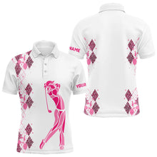 Load image into Gallery viewer, Pink Leopard argyle pattern white Men golf polo shirts custom golf wear for men, unique golf gifts NQS9349