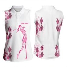 Load image into Gallery viewer, Pink Leopard argyle pattern white Women sleeveless golf polo shirt custom golf tank top for women NQS9349