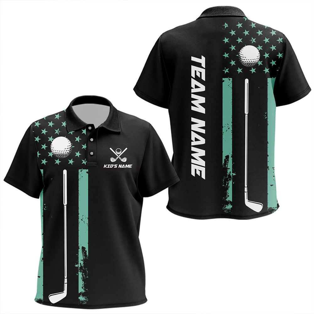 Black & Turquoise American Flag Kid golf polo shirts custom patriotic golf attire for kid NQS9355