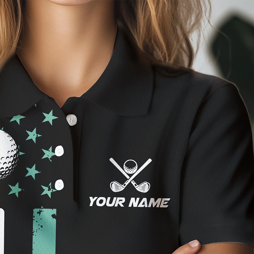 Black & Turquoise American Flag Women golf polo shirts custom patriotic golf attire for ladies NQS9355