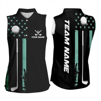 Black & Turquoise American Flag Women sleeveless polos custom patriotic golf attire for ladies NQS9355