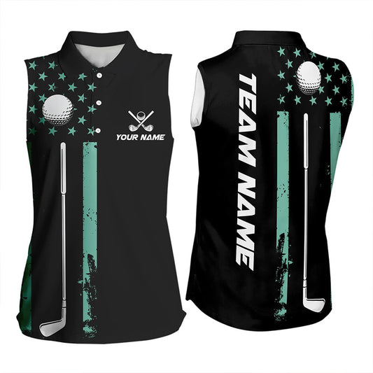 Black & Turquoise American Flag Women sleeveless polos custom patriotic golf attire for ladies NQS9355