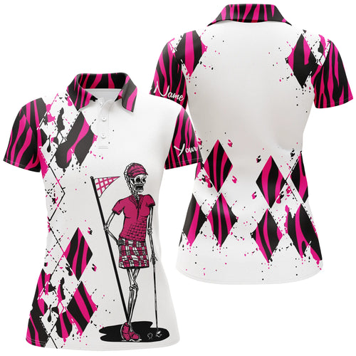 Women golf polo shirts custom funny ladies golf skull pink zebra pattern golf shirt NQS4712