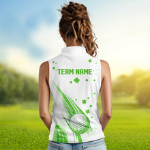 Load image into Gallery viewer, Green &amp; White shamrock Lucky Women sleeveless polo shirt Custom St Patrick Day golf attire for ladies NQS9500