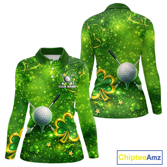 Happy St Patrick's Day Green and Gold Shamrock Womens Golf Polo Shirts Custom Golf Clothes for Ladies NQS11629