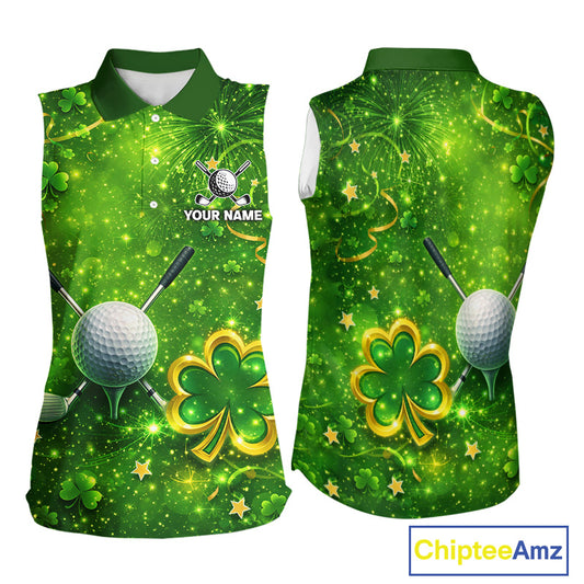 Happy St Patrick's Day Green and Gold Shamrock Ladies Sleeveless Golf Shirt Custom Women Golf Clothes NQS11629