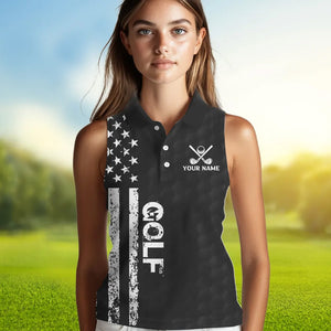 Black and White Retro American Flag Women Sleeveless golf polo shirts custom patriotic golf gifts NQS9663