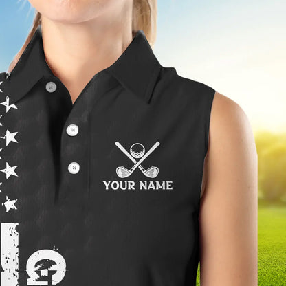 Black and White Retro American Flag Women Sleeveless golf polo shirts custom patriotic golf gifts NQS9663