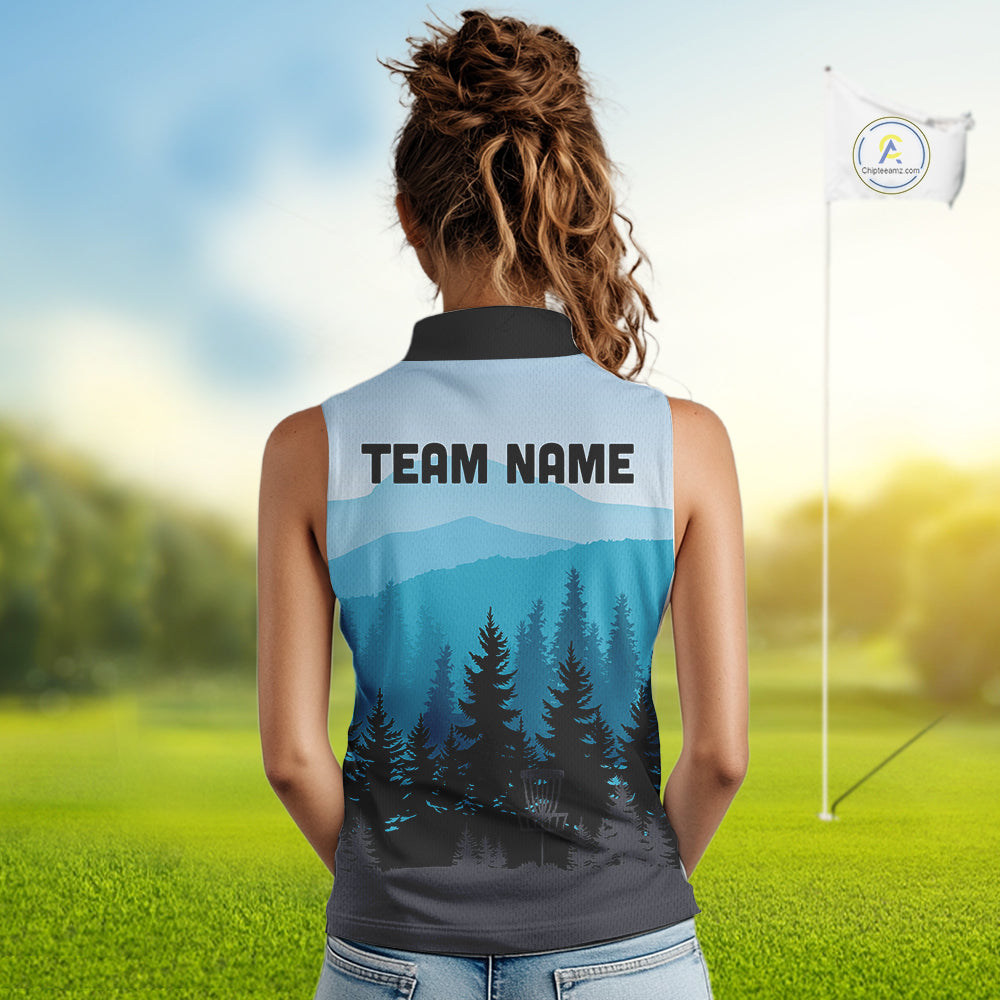 Blue pattern forest Womens sleeveless polo shirt Custom team disc golf jerseys for ladies NQS9943