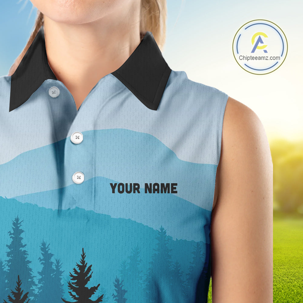 Blue pattern forest Womens sleeveless polo shirt Custom team disc golf jerseys for ladies NQS9943