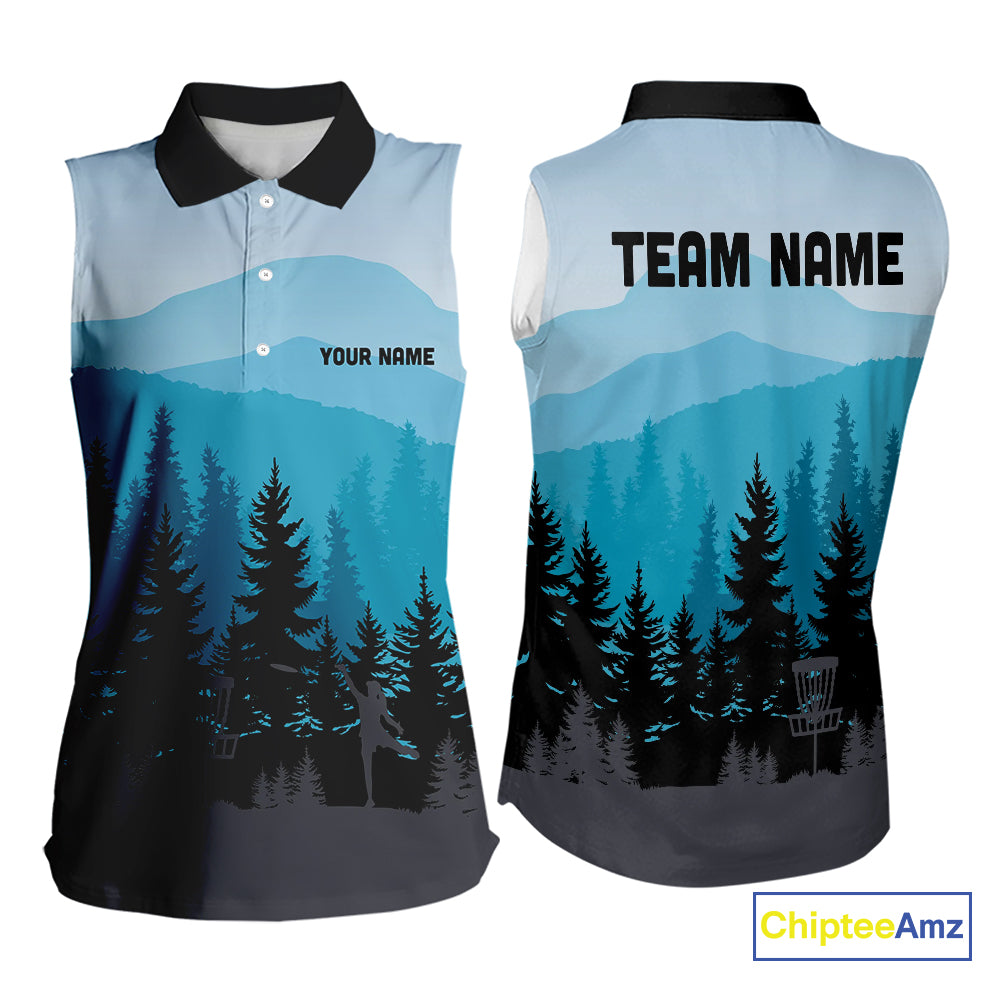 Blue pattern forest Womens sleeveless polo shirt Custom team disc golf jerseys for ladies NQS9943