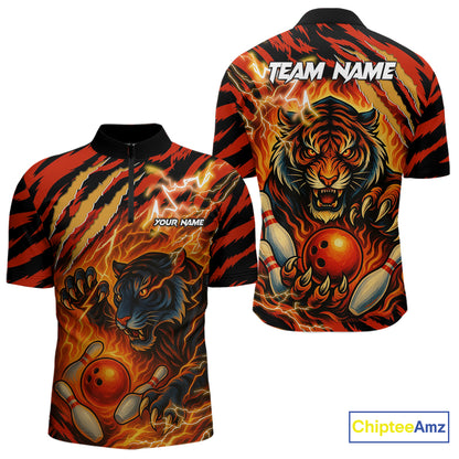 Personalized Tiger Bowling Shirts For Men, Orange Flame Lightning Thunder Tiger Team Bowling Jerseys NQS9947