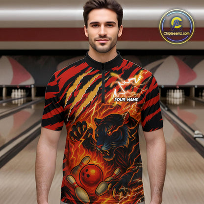 Personalized Tiger Bowling Shirts For Men, Orange Flame Lightning Thunder Tiger Team Bowling Jerseys NQS9947