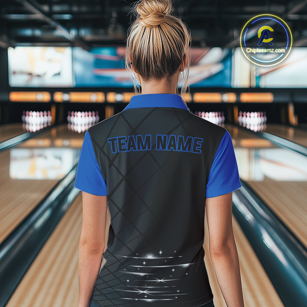Black & blue bowling league jersey custom Women Bowling Polo, 1/4 zip Shirt, gifts for ladies bowler NQS10095