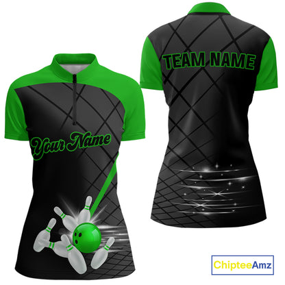 Black & Green bowling league jersey custom Women Bowling Polo, 1/4 zip Shirt, gifts for ladies bowler NQS10096