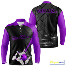 Load image into Gallery viewer, Black and Purple bowling league jersey custom Mens Bowling Polo, 1/4 zip Shirt, gifts for men bowler NQS10097