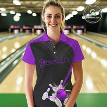 Load image into Gallery viewer, Black &amp; Purple bowling league jersey custom Women Bowling Polo, 1/4 zip Shirt, gift for ladies bowler NQS10097
