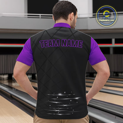 Black and Purple bowling league jersey custom Mens Bowling Polo, 1/4 zip Shirt, gifts for men bowler NQS10097