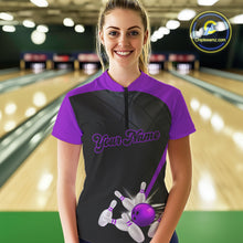 Load image into Gallery viewer, Black &amp; Purple bowling league jersey custom Women Bowling Polo, 1/4 zip Shirt, gift for ladies bowler NQS10097