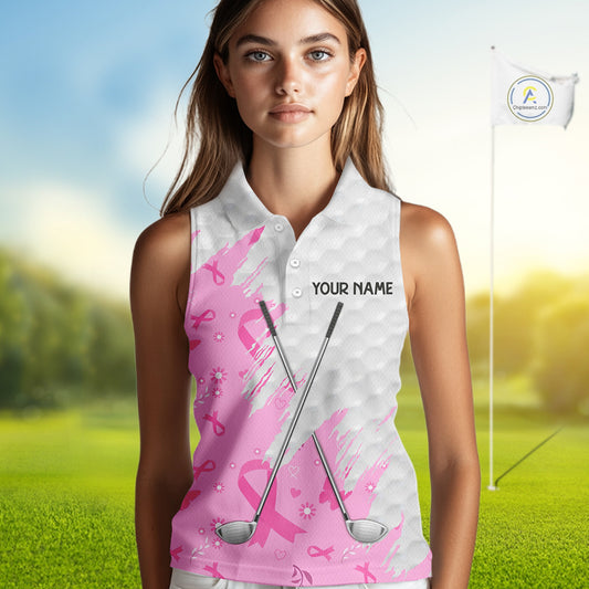 Pink ribbon breast cancer pattern custom name white Women Sleeveless polo shirts team ladies golf top NQS10421