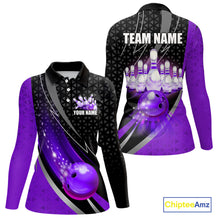 Load image into Gallery viewer, Black and Purple Bowling Camo Polo, 1/4 Zip Shirt for Women Custom Team Bowling jersey, Bowler Outfit NQS10426