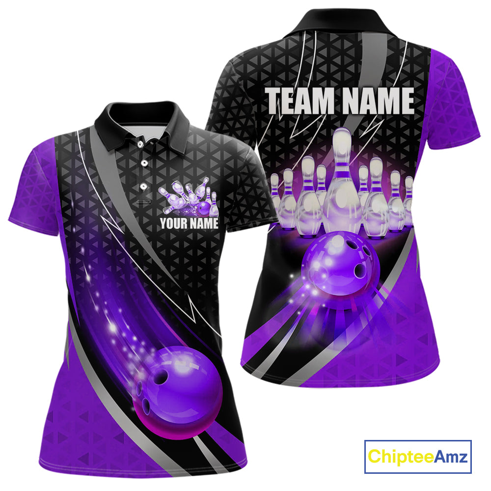 Black and Purple Bowling Camo Polo, 1/4 Zip Shirt for Women Custom Team Bowling jersey, Bowler Outfit NQS10426