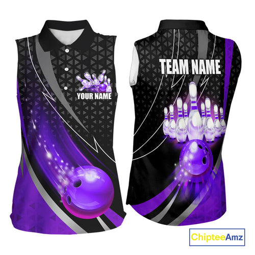 Black and Purple Bowling Camo Sleeveless polo Shirt Custom Team Bowling jerseys, Bowler Outfit NQS10426