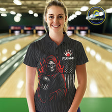 Load image into Gallery viewer, Black &amp; White Camo American Flag Red Flame Skull Reaper Women Bowling Shirt Custom Team Bowling Shirt NQS10852