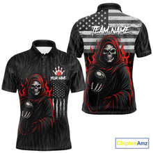 Load image into Gallery viewer, Black &amp; White Camo American Flag Red Flame Skull Reaper Mens Bowling Shirt Custom Team Bowling Jersey NQS10852