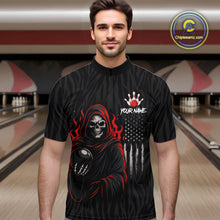 Load image into Gallery viewer, Black &amp; White Camo American Flag Red Flame Skull Reaper Mens Bowling Shirt Custom Team Bowling Jersey NQS10852