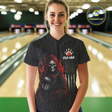 Load image into Gallery viewer, Black &amp; White Camo American Flag Red Flame Skull Reaper Women Bowling Shirt Custom Team Bowling Shirt NQS10852