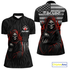 Load image into Gallery viewer, Black &amp; White Camo American Flag Red Flame Skull Reaper Women Bowling Shirt Custom Team Bowling Shirt NQS10852