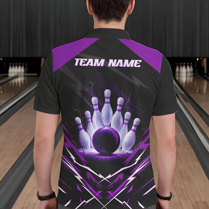 Black and Purple Lightning thunder Bowling Polo, Quarter Zip shirts for Men Custom Bowling Team Jersey NQS9358