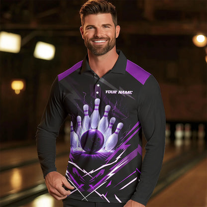Black and Purple Lightning thunder Bowling Polo, Quarter Zip shirts for Men Custom Bowling Team Jersey NQS9358