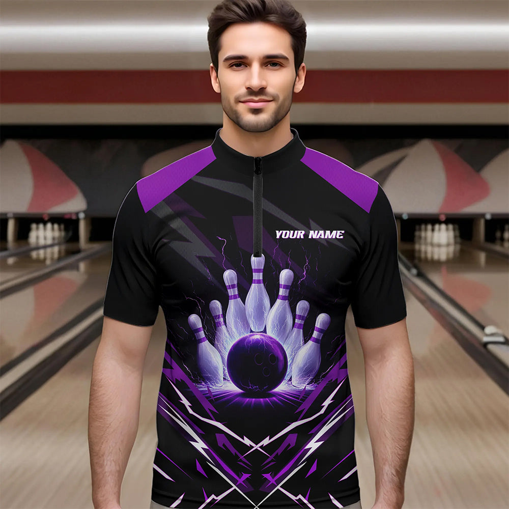 Black and Purple Lightning thunder Bowling Polo, Quarter Zip shirts for Men Custom Bowling Team Jersey NQS9358