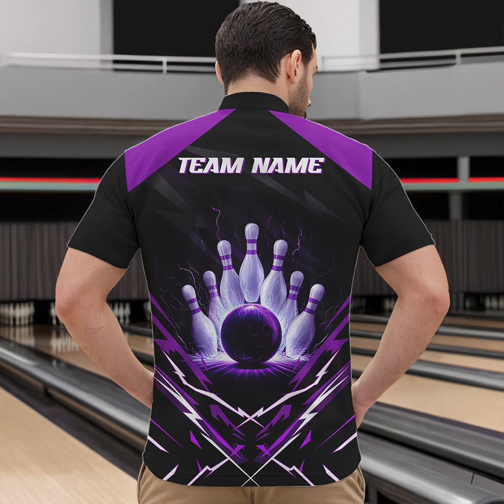 Black and Purple Lightning thunder Bowling Polo, Quarter Zip shirts for Men Custom Bowling Team Jersey NQS9358