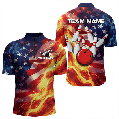 Flame American Flag Bowling Polo, Quarter Zip shirts for Men Custom Patriotic Team Bowling Jersey NQS9360