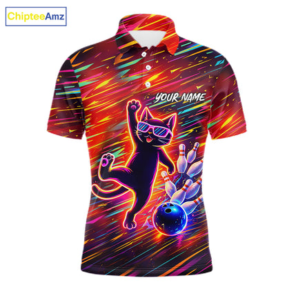Funny Colorful Neon Cat Bowling Polo shirt, 1/4 zip shirts for men custom Bowling Team League Shirts NQS11429