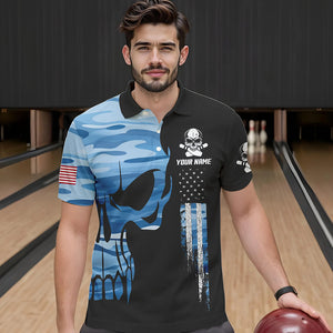 Blue Camo Skull American Flag Mens Bowling Shirts Custom Patriotic Bowling Team Jerseys For Men NQS9507