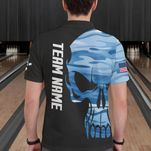 Load image into Gallery viewer, Blue Camo Skull American Flag Mens Bowling Shirts Custom Patriotic Bowling Team Jerseys For Men NQS9507